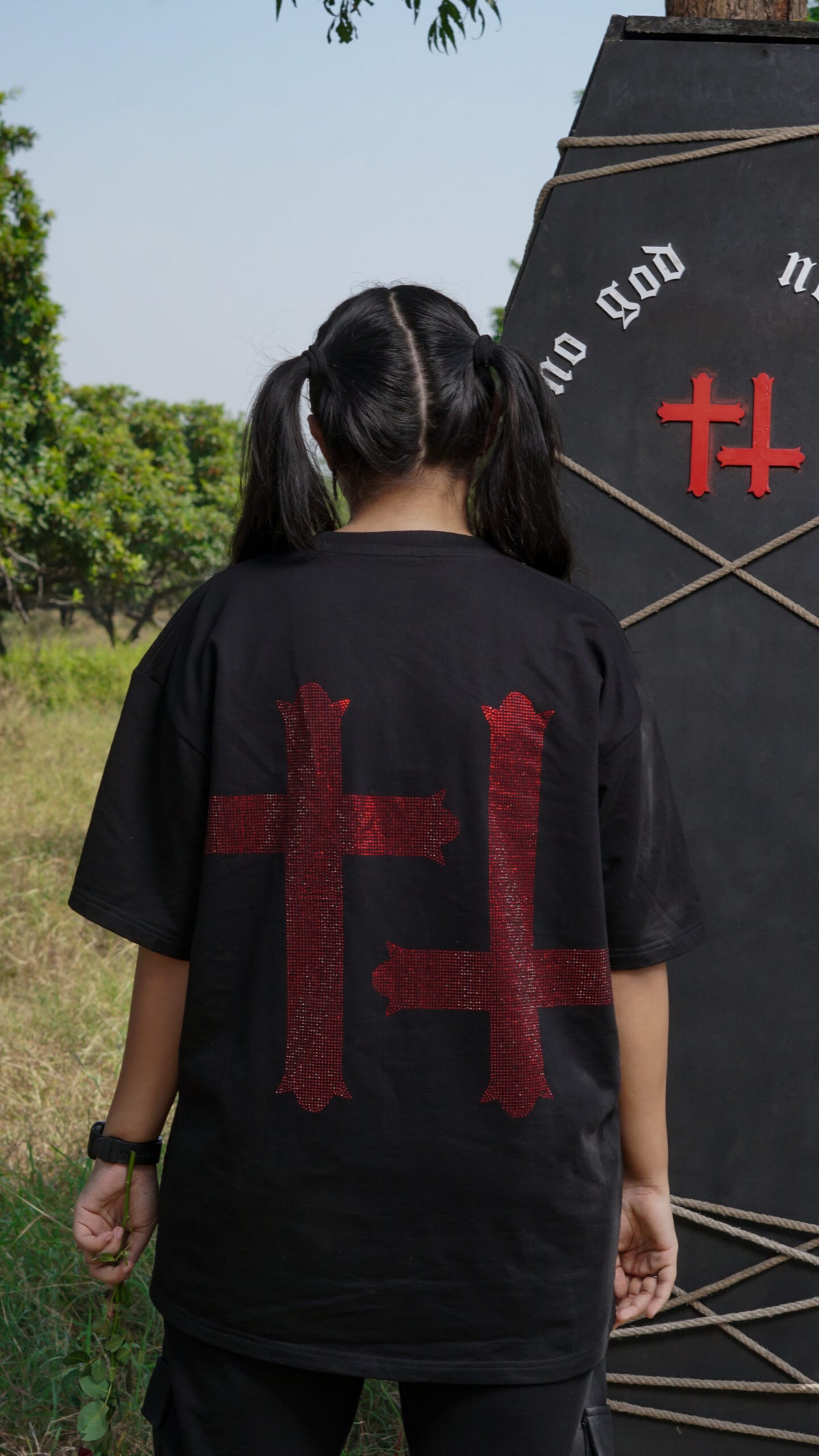 No God No Fear embroidered oversized T-shirt by Pavitra Paapi, view 4