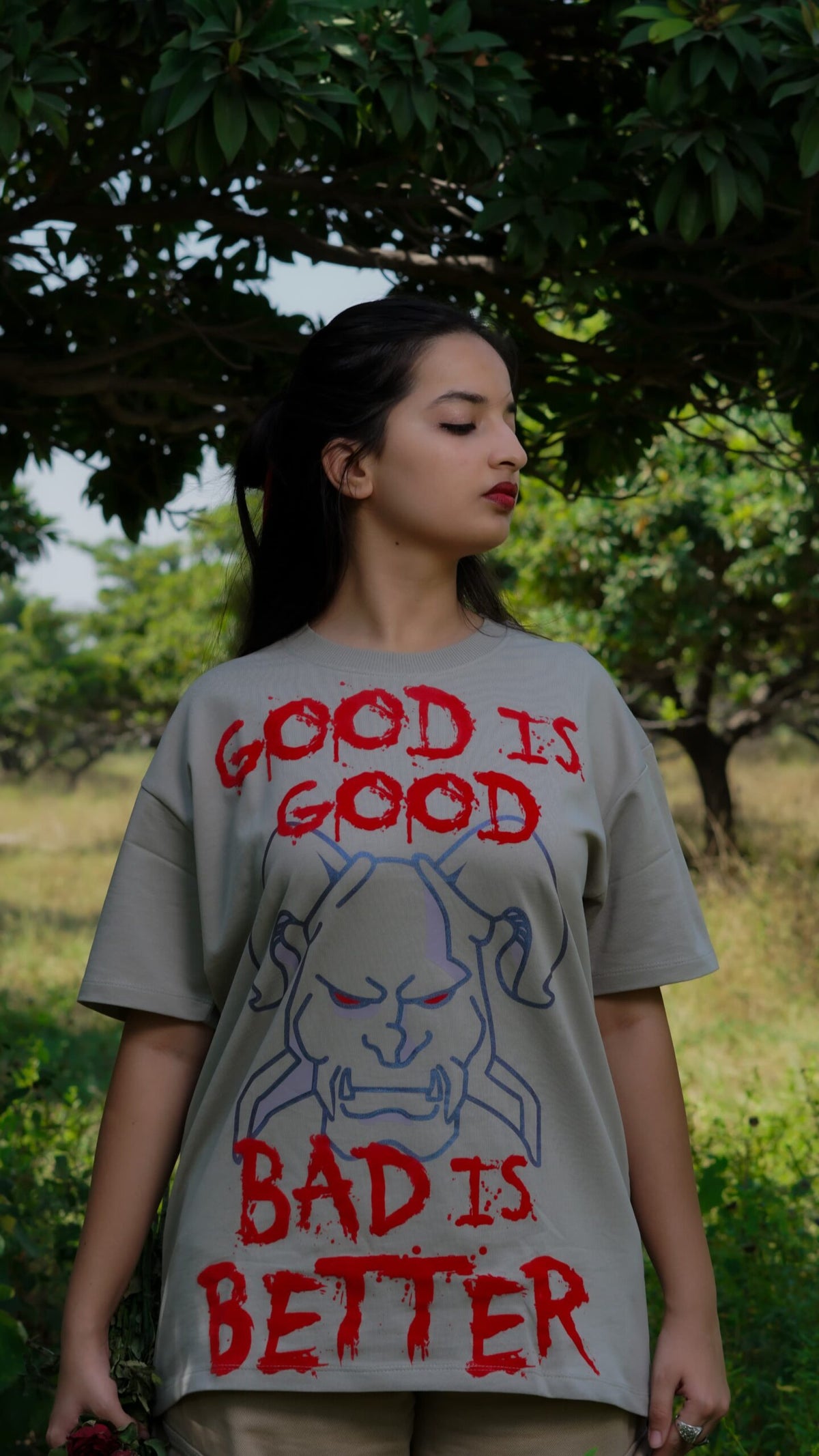 Good is Good Bad is Better skull T-shirt by Pavitra Paapi, view 2