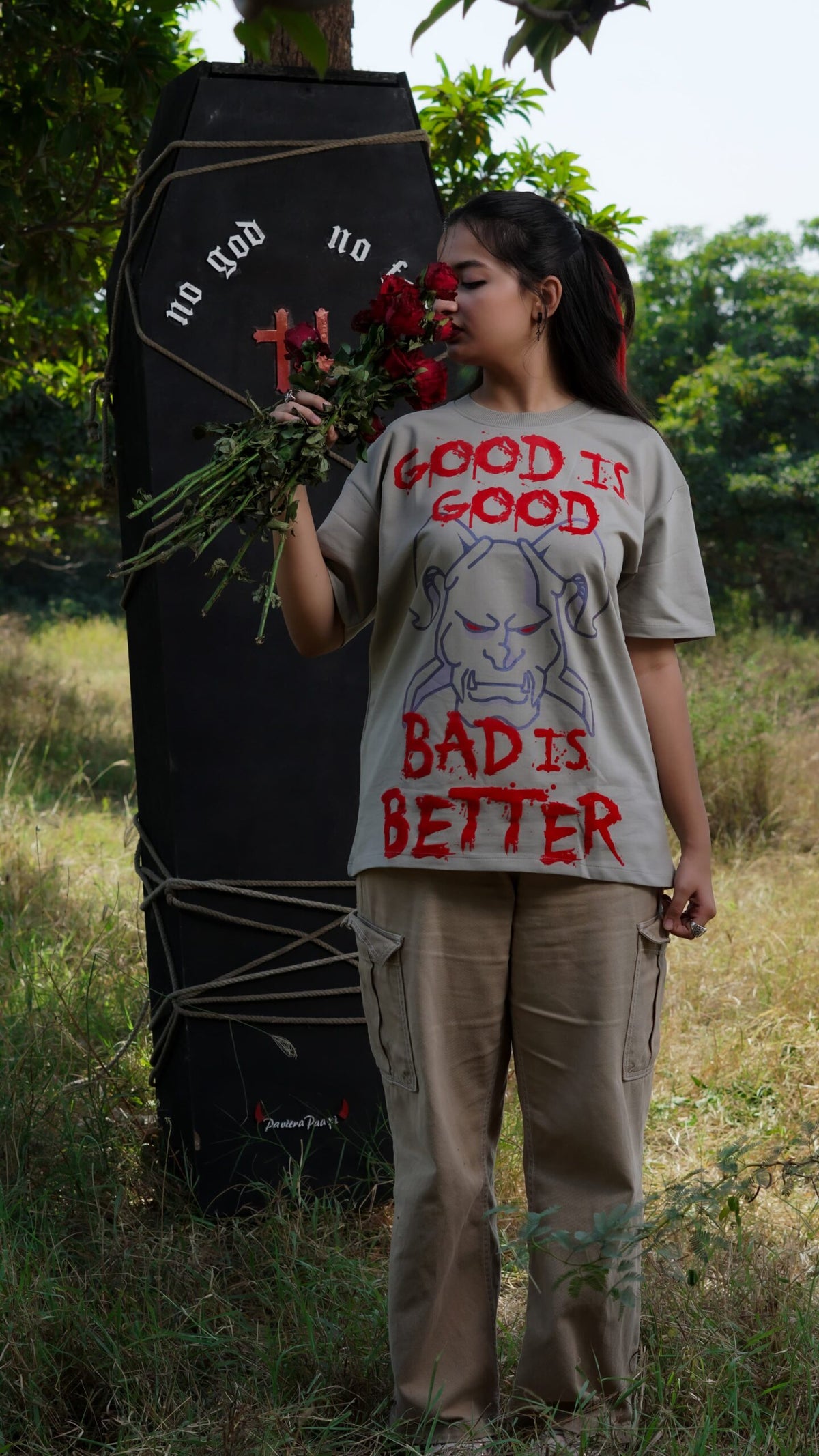 Good is Good Bad is Better skull T-shirt by Pavitra Paapi, view 1