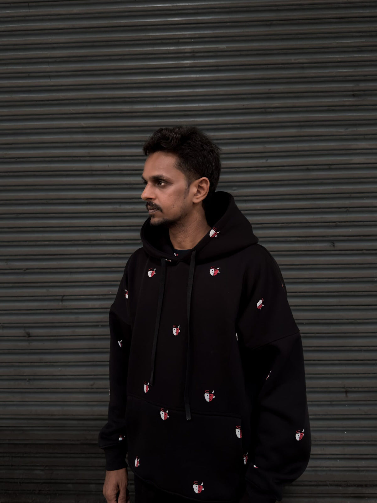 Good and Evil embroidered black hoodie by Pavitra Paapi, view 1