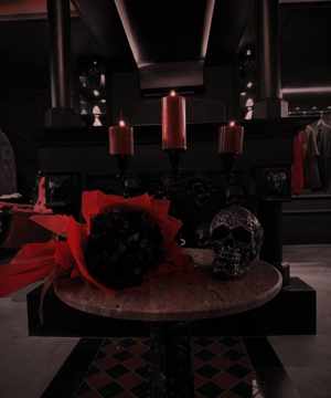 The skull altar with red candles